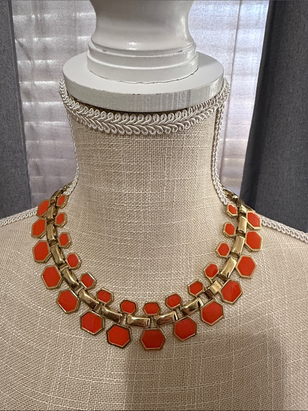 Gold-Tone Orange Hexagon Statement Necklace